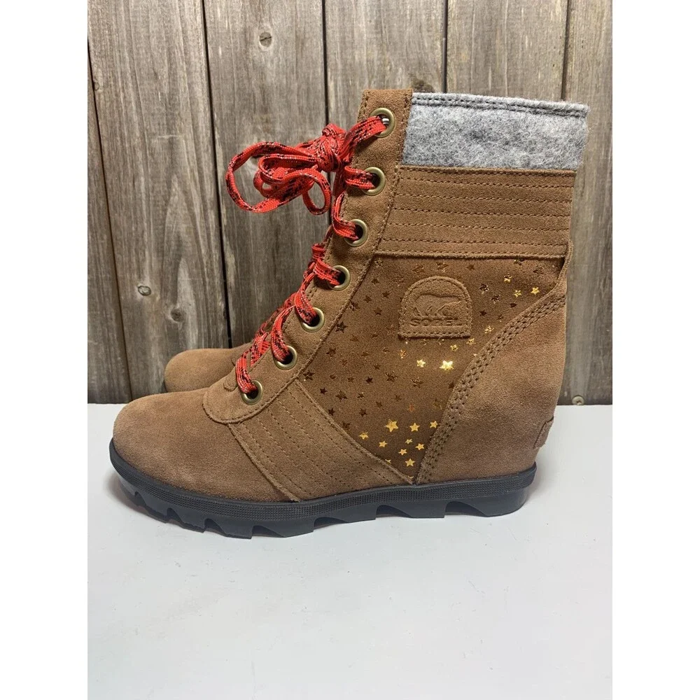 SOREL Lexie Wedge Gold Star Boots Womens / Youth Brown Leather 5